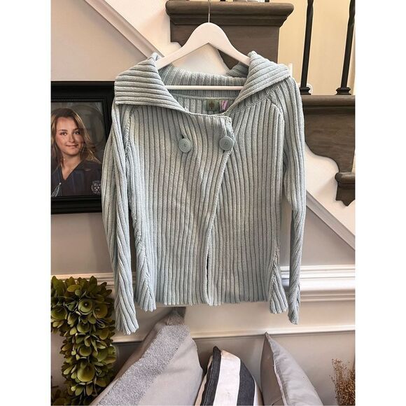 Anthropologie Light Blue Shawl Collar Double Button Cardigan Sweater sz L EUC - Picture 1 of 7